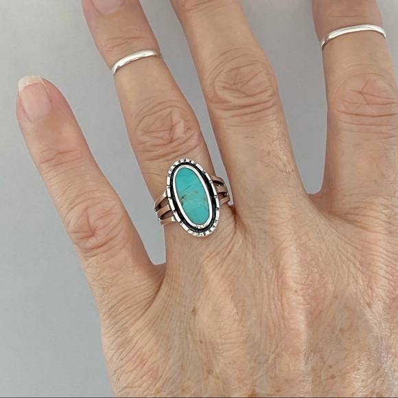 Sterling Silver Oval Genuine Turquoise Ring, Silver Rings, Stone Jewelry - Picture 6 of 12